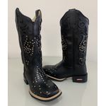 BOTA TEXANA EM COURO PRETO A LASER GLITTER PRETO + METAIS 