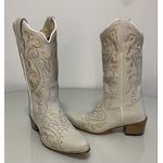 BOTA TEXANA EM COURO OFF WHITE BORDADO TRIBAL BICO FINO SOLADO MADEIRA 