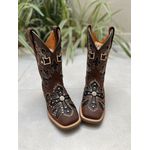 BOTA TEXANA EM COURO MARROM COM BORDADO CRUZ A LASER GLITTER PRETO + METAIS CANO TRADICIONAL