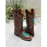 BOTA TEXANA EM COURO MARROM BORDADO CRUZ VERDE + DETALHES BEGE 