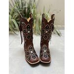 BOTA TEXANA EM COURO MARROM COM BORDADO CRUZ A LASER GLITTER PRETO COM CORDINHAS + METAIS 