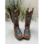 BOTA TEXANA EM COURO MARROM A LASER CRUZ GLITTER AZUL + METAIS + KIT FACA