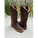 BOTA TEXANA EM COURO MARROM BORDADO CRUZ PRETO E BEGE