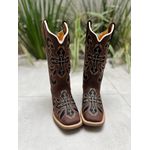 BOTA TEXANA EM COURO MARROM BORDADO CRUZ PRETO E BEGE