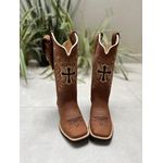 BOTA TEXANA EM COURO BORDADO CRUZ BEGE E PRETO + KIT CANIVETE