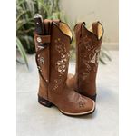 BOTA TEXANA EM COURO BORDADO CAVALO + NOSSA SENHORA + BORBOLETA + KIT FACA