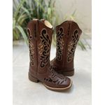 BOTA TEXANA EM COURO CAFÉ A LASER GLITTER PRETO CRUZ