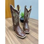 BOTA TEXANA EM COURO MARROM BORDADO RAMOS DOURADO + METAIS STRASS
