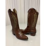 BOTA TEXANA EM COURO MARROM A LASER GLITTER DOURADO BICO FINO