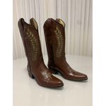 BOTA TEXANA EM COURO MARROM A LASER GLITTER DOURADO BICO FINO