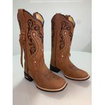 BOTA TEXANA EM COURO PRETO BORDADO TRIBAL + FLORAO COM CORDINHAS