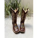 BOTA TEXANA EM COURO MARROM BORDADO RAMOS E NOSSA SENHORA