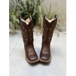 BOTA TEXANA EM COURO MARROM BASICA LASER GLITTER DOURADO FLORAO MANU