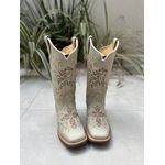 BOTA TEXANA EM COURO OFF WHITE BORDADO CAVALO + NOSSA SENHORA + CRUZ