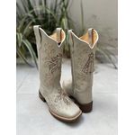 BOTA TEXANA EM COURO OFF WHITE BORDADO CAVALO + NOSSA SENHORA + CRUZ