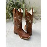 BOTA TEXANA EM COURO CARAMELO LASER BORDADO ESTRELAS GLITTER DOURADO