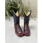 BOTA TEXANA EM COURO MARROM BORDADO FLORES AZUL E ROSA VIRA ROSA