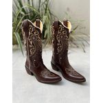BOTA TEXANA EM COURO MARROM BORDADO TRIBAL BICO FINO PVC