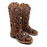 BOTA TEXANA EM COURO MARROM A LASER CRUZ COM GLITTER PRETO E METAIS