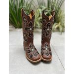 BOTA TEXANA EM COURO MARROM A LASER CRUZ COM GLITTER PRETO E METAIS