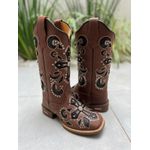 BOTA TEXANA EM COURO MARROM A LASER CRUZ COM GLITTER PRETO E METAIS
