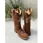 BOTA TEXANA EM COURO MARROM BORDADO NOSSA SENHORA E CAVALO