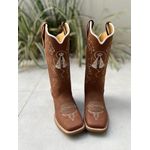 BOTA TEXANA EM COURO MARROM BORDADO NOSSA SENHORA E CAVALO