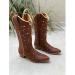 BOTA TEXANA EM COURO OLIVIA BORDADO MARROM BICO FINO COM METAIS E STRASS