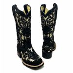 BOTA TEXANA EM COURO PRETO LASER COM GLITTER DOURADO E METAIS