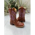 BOTA TEXANA EM COURO MUSTANG BORDADO TRIBAL E FLORAO ROXO E BEGE CANO TRADICIONAL