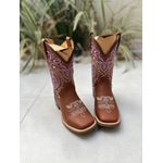 BOTA TEXANA EM COURO MUSTANG BORDADO TRIBAL E FLORAO ROXO E BEGE CANO TRADICIONAL