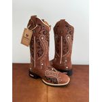 BOTA TEXANA EM COURO MARROM BORDADO TRIBAL PRETO E BEGE COUNTRY TRADICIONAL 