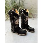 BOTA TEXANA EM COURO NOBUCK PRETO BORDADO CAVALO E NOSSA SENHORA COM ZIPER