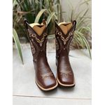 BOTA TEXANA EM COURO MARROM BORDADO TRIBAL E FLORAO BEGE CANO TRADICIONAL