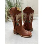 BOTA TEXANA EM COURO MARROM BORDADO INDIO COM ZIPER, METAIS E CORDINHAS