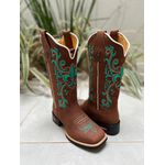 BOTA TEXANA EM COURO MARROM BORDADO VERDE E BEGE