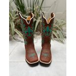BOTA TEXANA EM COURO MARROM BORDADO VERDE E BEGE