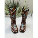 BOTA TEXANA EM COURO MARROM BORDADO LUSTRE AZUL E DOURADO