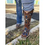 PRONTA ENTREGA - BOTA TEXANA EM COURO MARROM A LASER CRUZ GLITTER AZUL COM METAIS