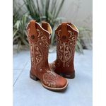 BOTA TEXANA EM COURO TELHA BORDADO TRIBAL SOLADO MARROM