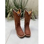 BOTA TEXANA EM COURO MARROM BORDADO TRIBAL E NOSSA SENHORA LARANJA