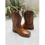 BOTA TEXANA EM COURO CARAMELO A LASER FOLHA GLITTER DOURADO CANO TRADICIONAL