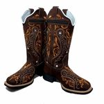 BOTA TEXANA EM COURO NOBUCK CAFÉ BORDADO TRIBAL + SUPORTE PARA CELULAR