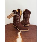 BOTA TEXANA EM COURO NOBUCK CHOCOLATE BORDADO BEGE BICO FINO SOLADO MADEIRA