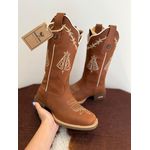 BOTA TEXANA EM COURO HORSE HAVANA BORDADO ARAME E NOSSA SENHORA BEGE