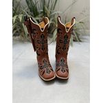BOTA TEXANA EM COURO MARROM BORDADO CRUZ PRETO E BEGE + BAINHA + FACA 