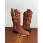 BOTA TEXANA EM COURO MARROM BORDADO TRIBAL LARANJA + BAINHA + FACA