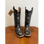 BOTA TEXANA EM COURO PRETO A LASER CRUZ GLITTER PRETO + METAIS COM SOLADO DE MADEIRA