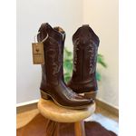 BOTA TEXANA EM COURO MARROM BORDADO LINHAS BEGE BICO FINO SOLADO MADEIRA