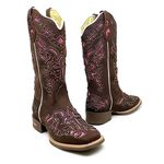 BOTA TEXANA EM COURO MARROM A LASER CRUZ COM GLITTER ROSA